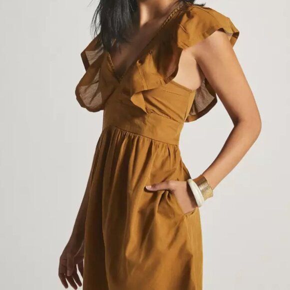 By | Anthropologie Mustard V-neck Plunge Mini Ruffled Sleeve Tunic Mini Small - Picture 2 of 4